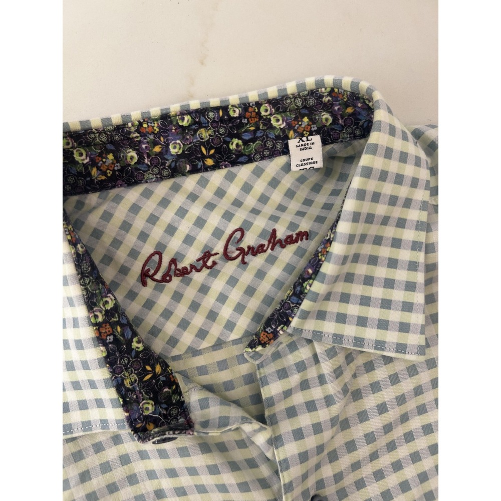 Robert Graham Shirt Mens XL Green Check Classic Fit Contrast Cuff Long Sleeve